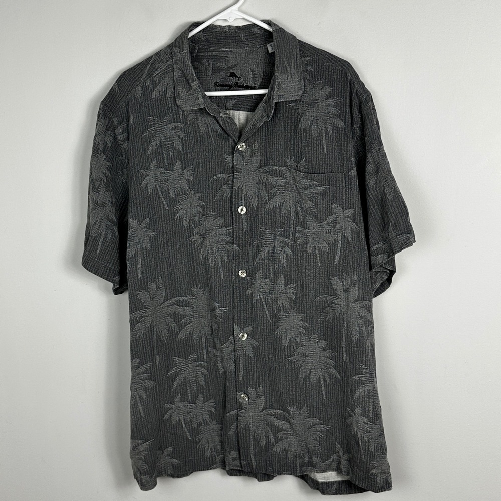 Tommy Bahama 100% Silk Hawaiian Short Sleeve Shirt Mens Size XL Grey Palm Tree‎